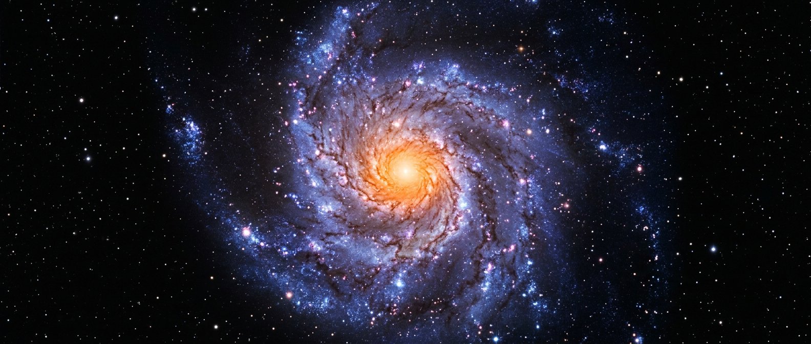 Vue panoramique nocturne d'une galaxie spirale vue de face, núcleo lumineux orangé,
              bras de matière dusteuse bleu-violet, étoiles rondes et douces sans aigrettes.