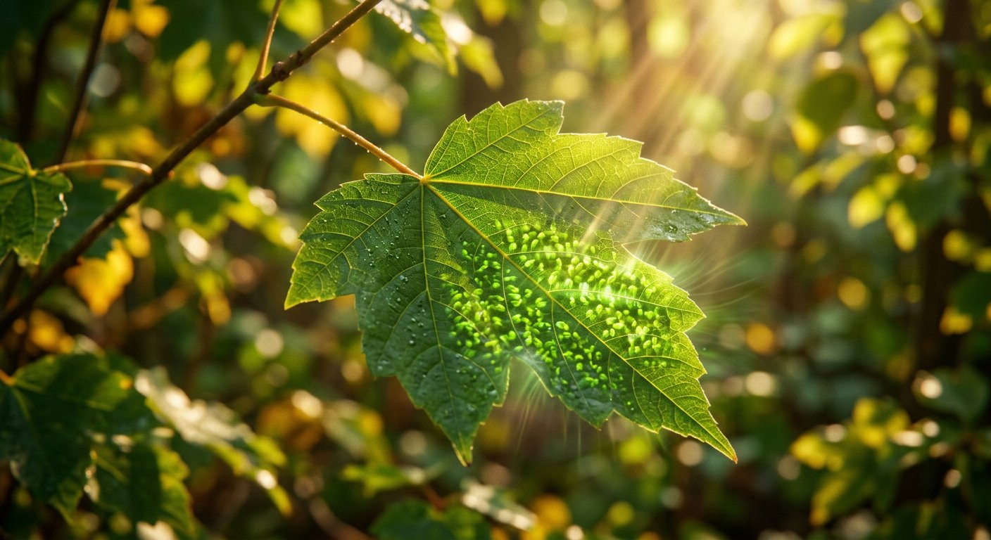 Macro d'une feuille traversée par la lumière, les nervures translucides et les alvéoles de chlorophylle visibles.