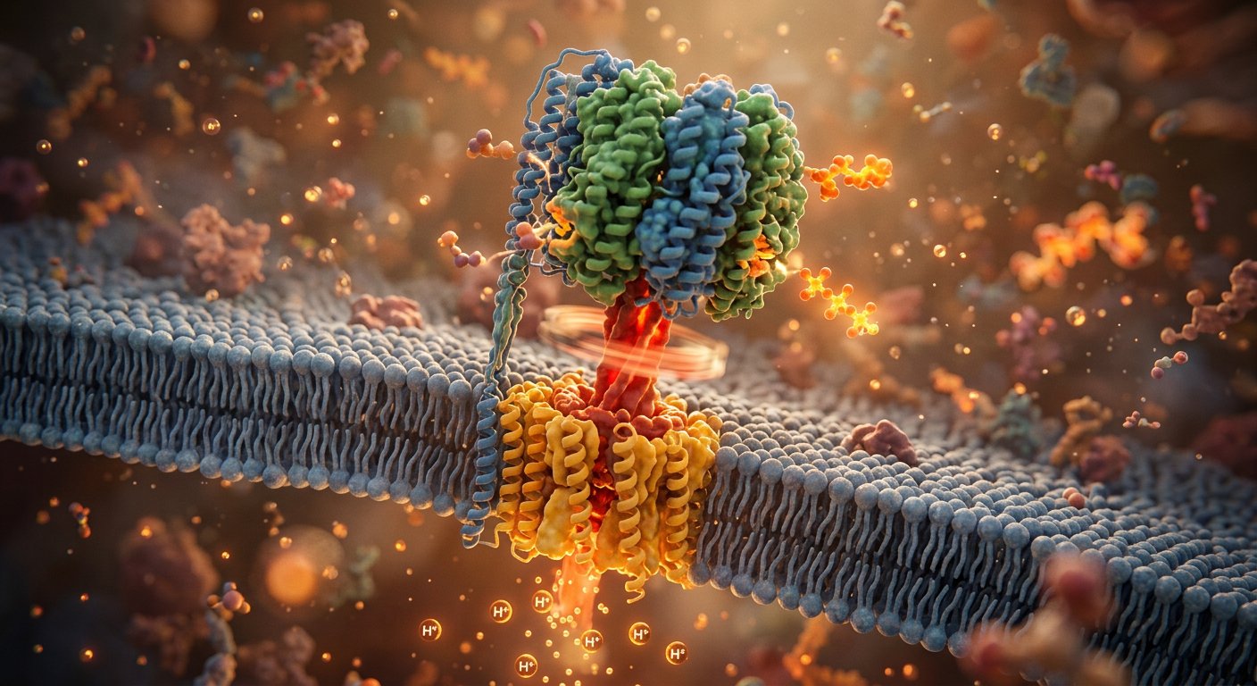 Visualisation d'une molécule- turbine microscopique, rotor central et couronne de protéines, dans un halo lumineux.