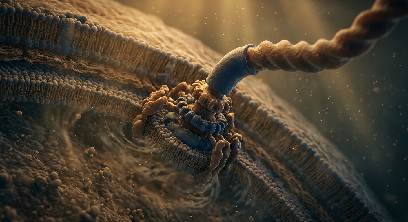 Micrographie électronique colorisée d'un flagelle bactérien en rotation, le filament en hélice au premier plan.