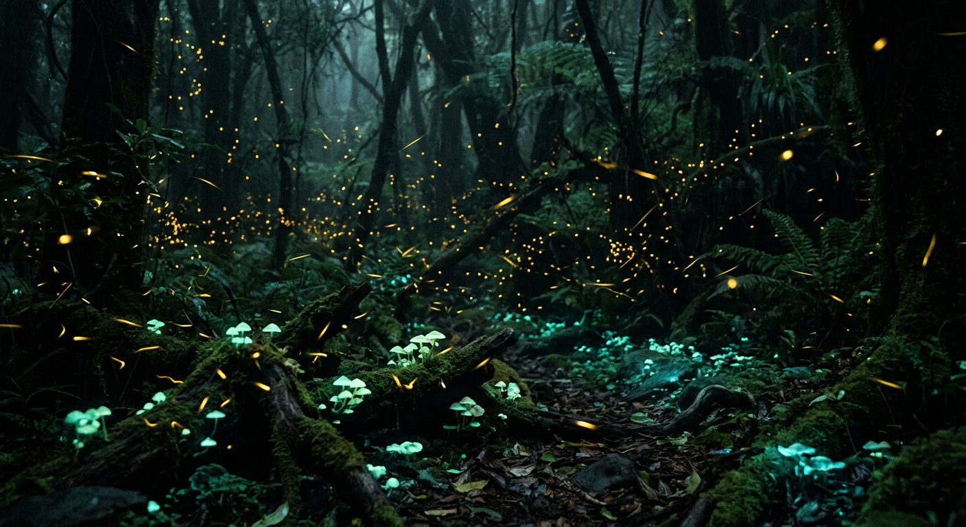 Ver luisants dans une forêt obscure, des points de lumière verte suspendus dans l'obscurité.