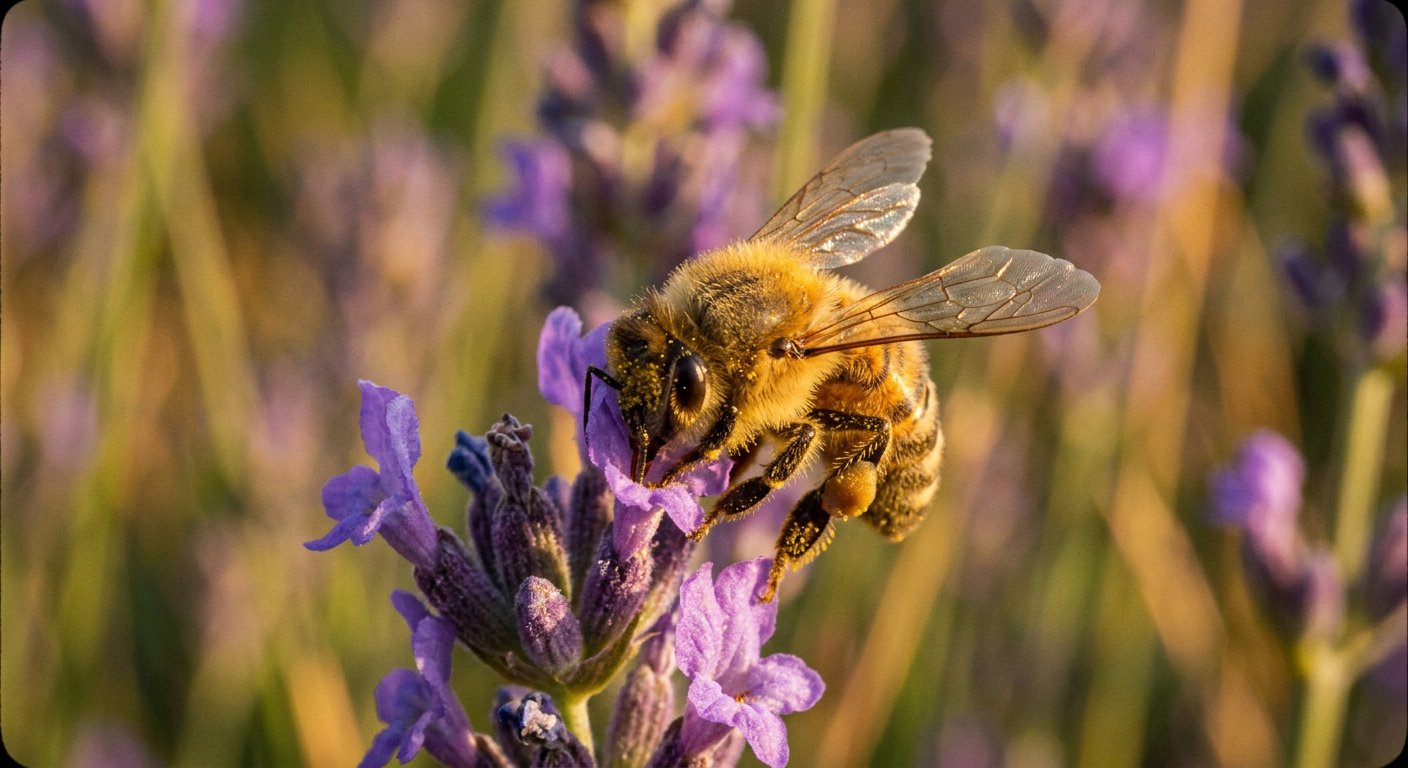Abeille en vol devant une ruche, rayon de lumière dessinant les contours veloutés de son corps.