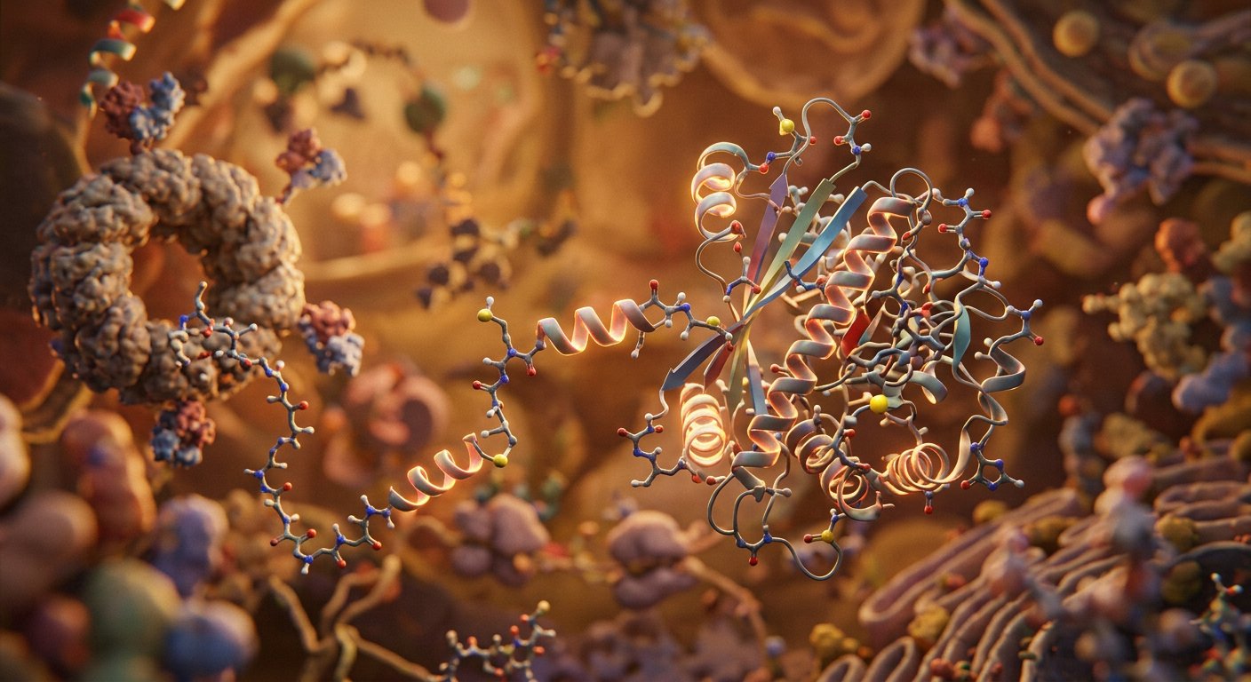 Visualisation d'une protéine repliée en structure tridimensionnelle, chaînes hélicoïdales en spirale.