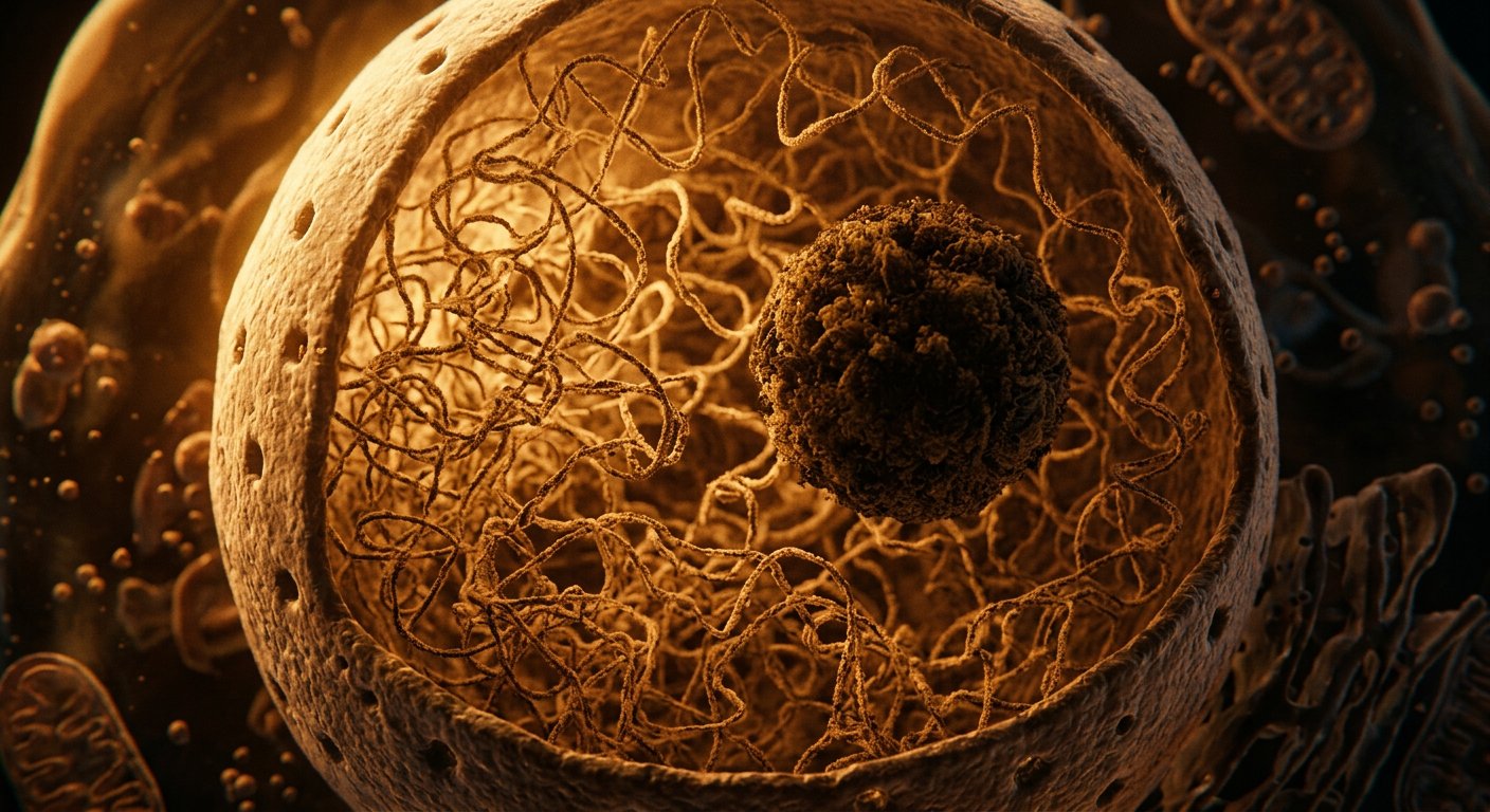 Noyau cellulaire vu en coupe, enveloppe percée de milliers de pores, chromatine fibreuse en suspension.