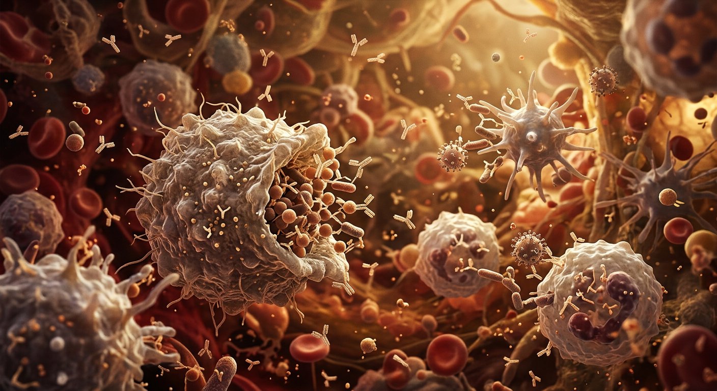 Lymphocytes en circulation autour d'une cellule infectieuse, arms de la sonde de capture virale.