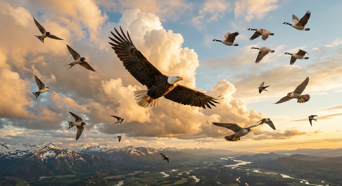 Grand rapace aux ailes déployées planant sur un ciel de nuages dorés, plumage détaillé.