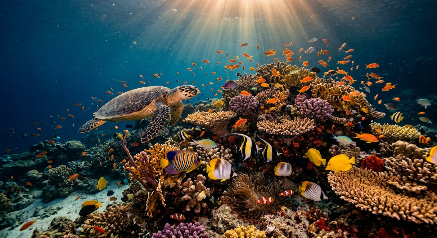Vue sous-marine d'une pieuvre sur le fond rocheux, lumière filtrée par la surface.