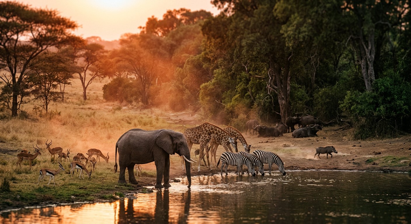 Girafe photographiée de profil dans la lumière dorée de fin de journée, savane ouverte.