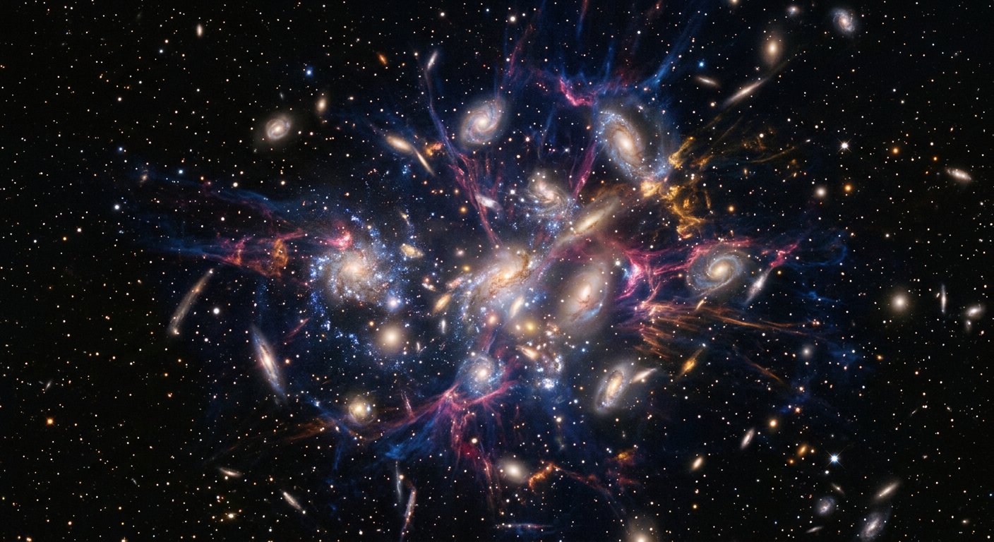 Amas de galaxies young dans l'espace profond, filaments de gaz lumineux et étoiles rondes dans un noir profond.