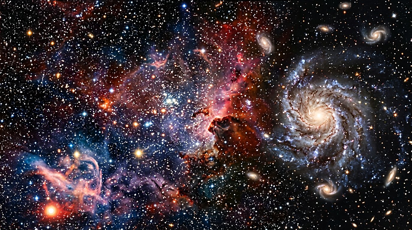 Champ d'étoiles profond et dense, points lumineux ronds et doux de tailles variées, sans branches ni aigrettes.