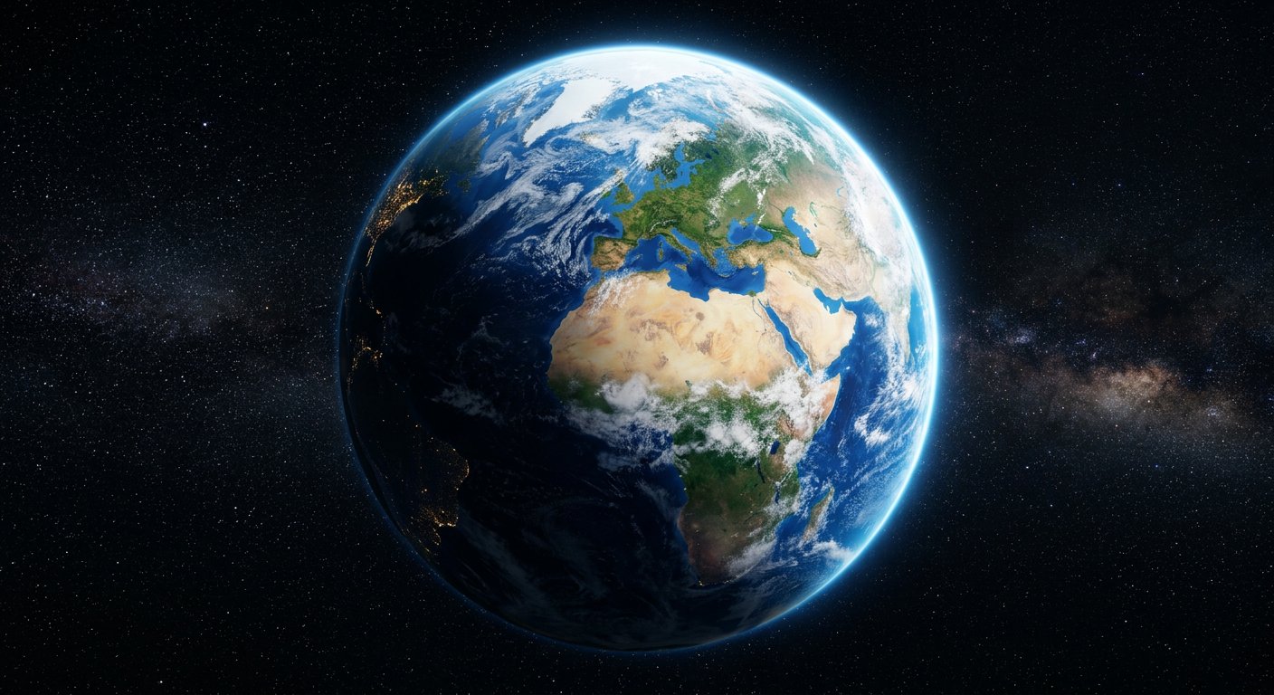 Planète Terre vue depuis l'espace, bleue, avec une fine ligne d'atmosphère lumineuse sur fond noir.