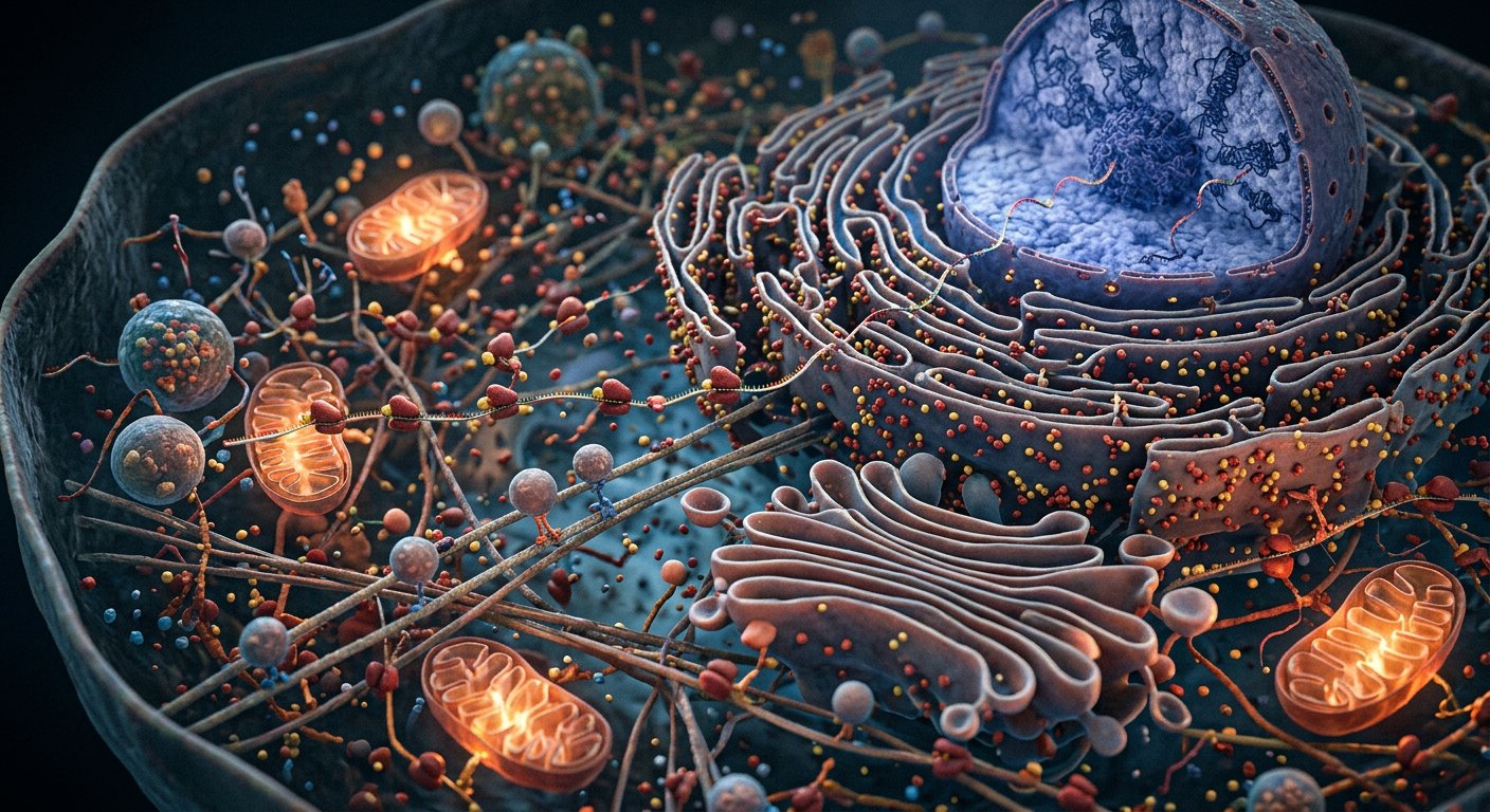 Visualisation scientifique d'une cellule animale, membranes translucides et organelles dans un noir profond.