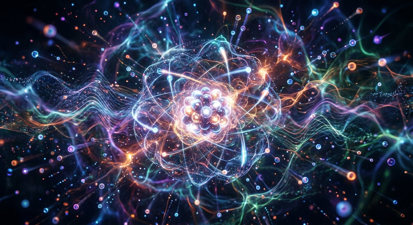 Nuage de probabilités quantiques, ondes d'interférence et particules lumineuses sur fond indigo profond.