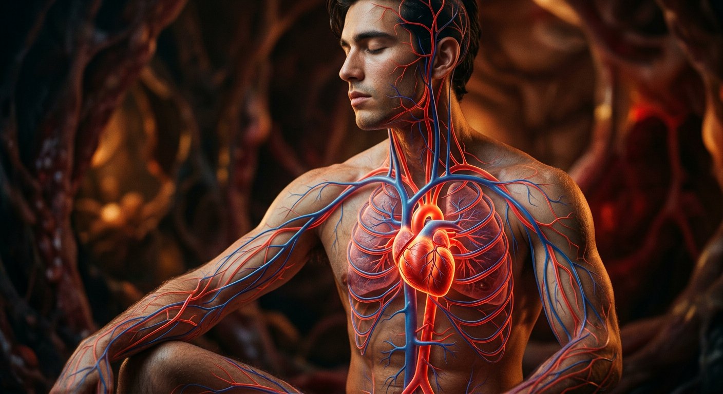 Figure anatomique translucide aux muscles et squelette dorés, dans une salle de musée sombre.