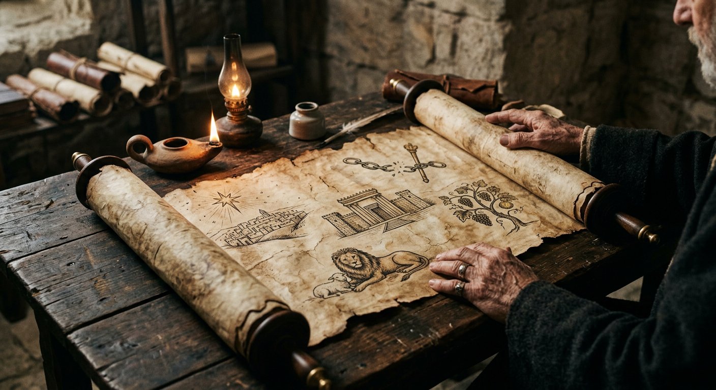 Rouleau ancien partiellement déroulé dans une lumière rasante dorée, sur une table de pierre.
